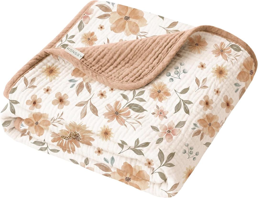 Konssy Muslin Baby Blankets for Girls Boys, 100% Cotton Crib Blanket for Infant Toddler, Super Soft and Lightweight Nursery Swaddling Wrap 40"x36" (Flourish)