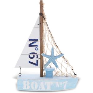 CoTa Global Blue Mist Sailboat Decor Handmade Wooden Boat Decor, Cute Beach Style Model Sail Boat Decorations, Nautical Themed Table Top Decor Living Room Centerpiece - 8 Inch