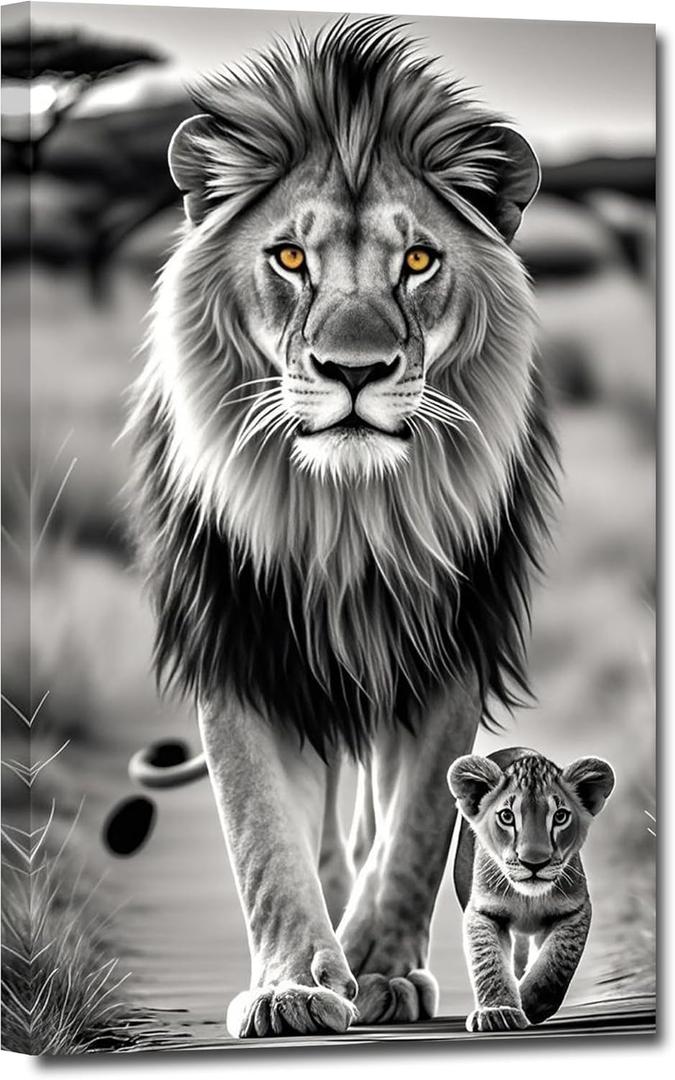 ZHIYYHAO Black and White Lion Canvas Wall Decor Lion with Cub Picture Wild Animal Painting Modern Artwork for Bedroom Living Room Nursery Home Decor A-418.00L X12.00W''