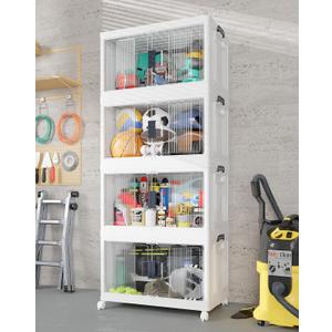 OlarHike 97QT Stackable Storage Bins with Lids - Folding Storage Box with Doors and Wheels, Collapsible Plastic Storage Drawers for Closets and Organization, Garage, Office, Cabinet, 4 Pack Cubes