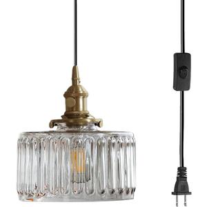 Hanging lamp Plug in Vintage Glass Pendant Light, Small Plug in Pendant Light Cord Clear Striped Glass Shade, Mid Century Modern Hanging Light Cord for Living Room Kitchen Island (Clear)