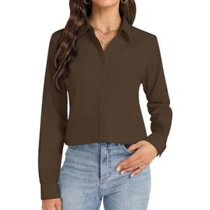 J.VER Button Down Shirts for Women Stretch Collared Cotton Long Sleeve Dress Shirt Business Casual Blouse for Work (Medium, Brown)