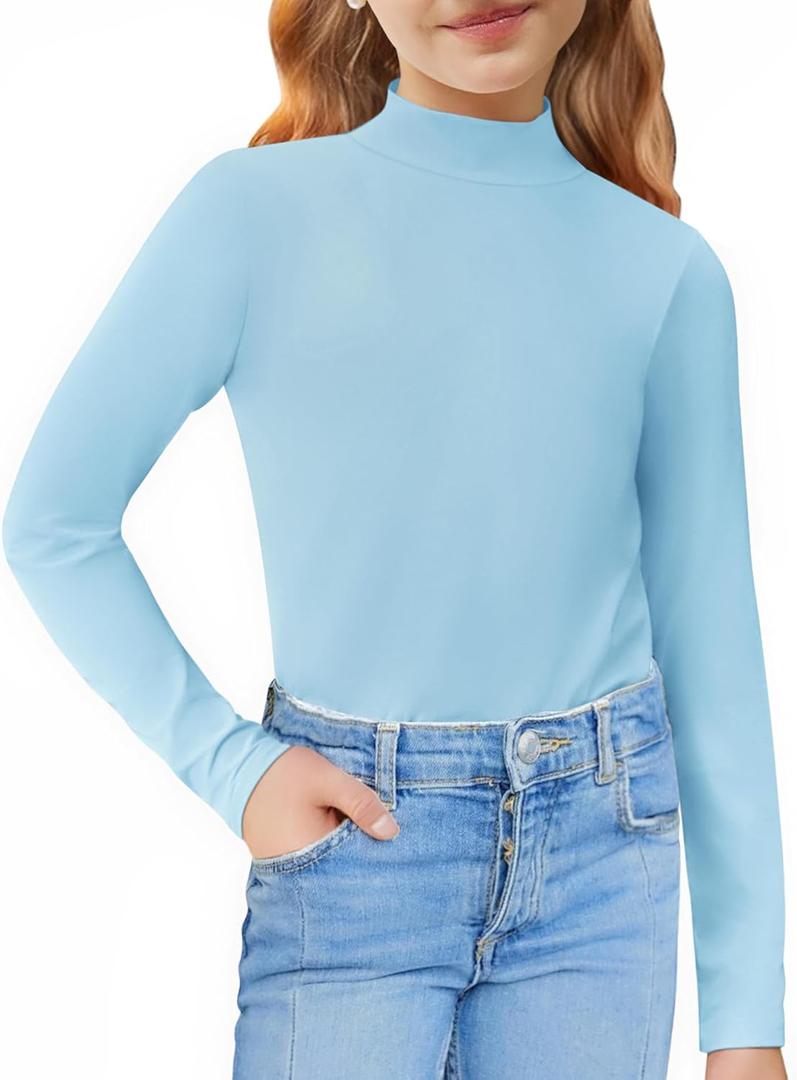 Arshiner Girls Long Sleeve Mock Turtleneck Shirts Slim Fit Casual Base Layer Top Tee (12, Light Blue)