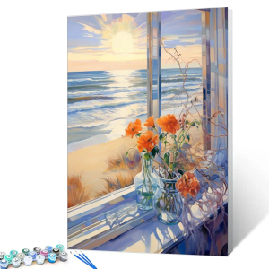 Window Landscape Flowers Paint by Numbers Kits 16x20 inch Canvas DIY Oil Painting for Kids, Students, Adults Beginner with Brushes and Acrylic Pigment - Beach Scenery Sun Landscape (DIY Frame)