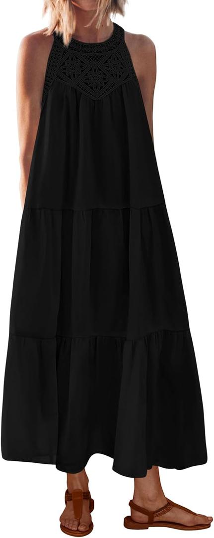 BTFBM Halter Summer Dresses for Women 2026 Casual Spring Hollow Out Sleeveless Boho Sundresses Beach Vacation Maxi Dress Black XXL