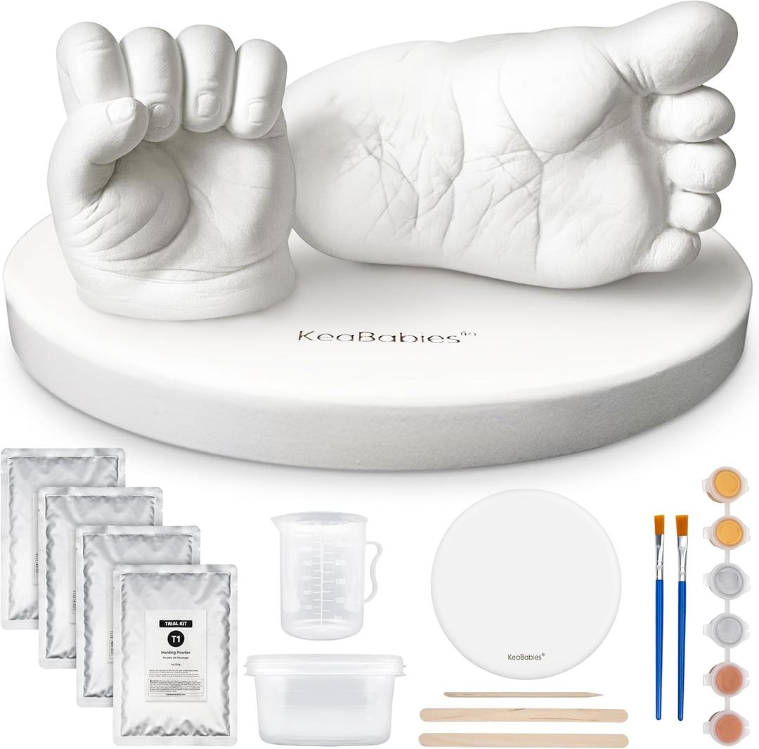 KeaBabies Baby Casting Kit Hands and Feet Mold - 3D Newborn Hand Casting Kit & Stylish Wood Base, Easy DIY Infant Foot Molds 0-9 Months,First Christmas & Baby Keepsake Shower Gifts(Round,Alpine White)
