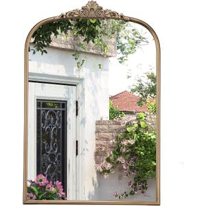 30" x 40" Antique Gold Arched Mirror for Wall, Vintage Broque Brass Bathroom Mirror with Metal Frame, Bronze Ornate Gold Vanity Mirror for Entryway, Mantel, Powder Room