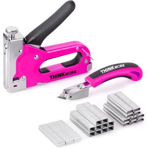 THINKWORK Heavy Duty Staple Gun, 3 in 1 Pink Staple Gun for Upholstery with 900 Staples, Nail Gun for Wood, Cable, Fabric, Wall, Material Repair, DIY Manual Stapler