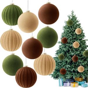 Syhood 9 Pcs 4 Inch Neutral Velvet Christmas Balls Large Velvet Xmas Tree Ornaments Balls Decorations Hanging Flocked Ornaments for Christmas Tree Home Garland Holiday Party Decor, Neutral Color