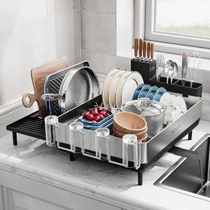 Expandable Dish Drying Rack, Dish Racks for Kitchen Counter, Stainless Steel 304, FlipTop Retractable Plate, MultiDirectional Adjustable Dish Rack, Space Saving Large Drying Rack Kitchen, Black+Silver