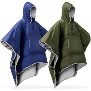 Preboun Thermal Poncho Wearable Hooded Blanket Winter Poncho Wearable Sleeping Bag Water Resistant Windproof for Men Women, Green, Navy Blue, 2