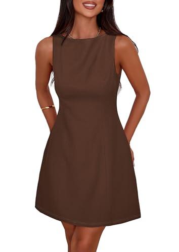 PRETTYGARDEN Womens Formal Short Dresses 2026 Summer Sleeveless Boat Neck A Line Elegant Mini Cocktail Party Dress (Brown,Medium)