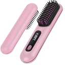 Numoya Go Brush Pro - Cordless Hair Straightener Brush Portable Comb for Travel, USB Charging, Fast Heating, with LCD Display (Pink)