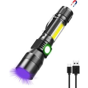 UV Flashlight Black Light, USB Rechargeable Flashlight with Magnetic Base - High Light, Side Light, 7 Modes, Zoomable, Waterproof  LED Torch for Mechanics Pet Urine Stains Detection (1)