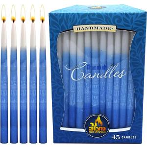 Ner Mitzvah Dripless Chanukah Candles, Decorated Ombre Blue & White Hanukkah Candles Fits Most Menorahs, Premium Quality Wax for All 8 Nights of Hanukkah - Standard Size - 45 Count