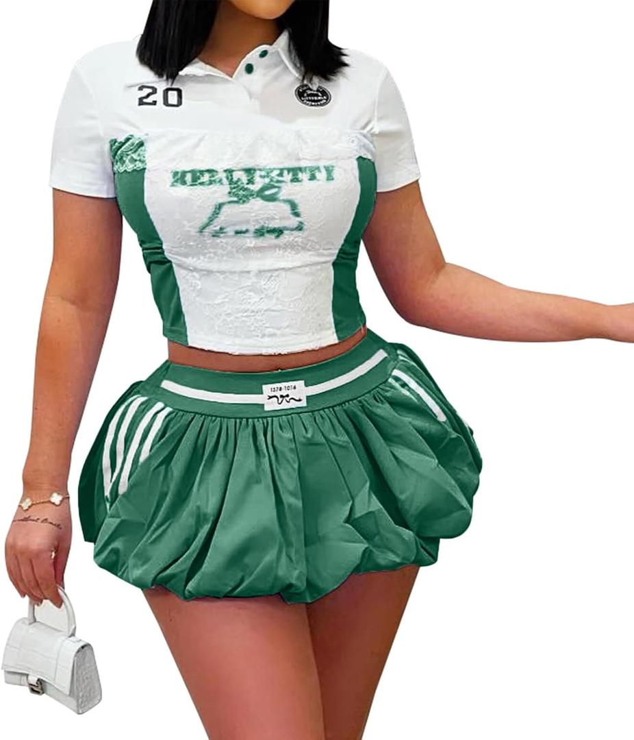 Two Piece Outfits for Women Summer Y2K Going Out Lace Trim Ruched Crop Tops Pleated Bubble Mini Skort Skirt Sets (X-Small, Green)
