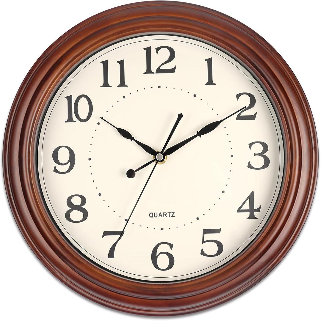 12 Inch Wood Wall Clock, Retro Wooden Wall Clocks Battery Operated, Silent Wall Clock for Living Room Bedroom Housewarming Xmas New Year Present (Walnut)