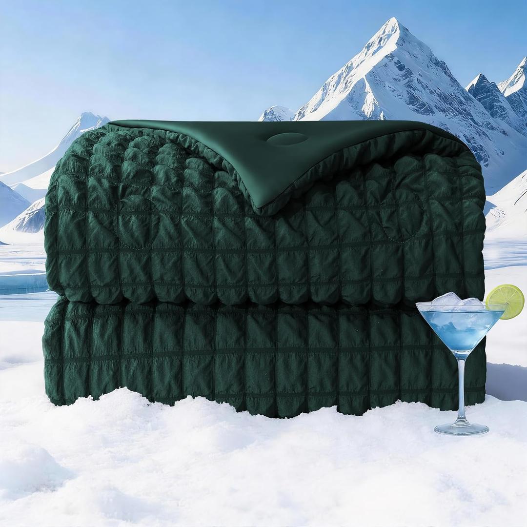 Seersucker Cooling Comforter Queen Size, Q-Max 0.45 Reversible Cooling Blanket for Hot Sleepers, Breathable Lightweight Silk Smooth Summer Bedding, Quilted Ice Blanket, Emerald Green