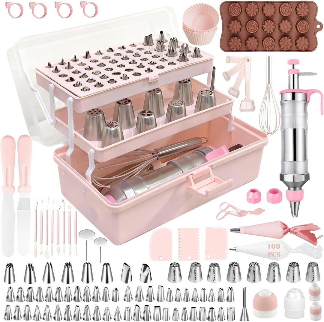 Gawren-H&E 208 PCS Cake Decorating Kit,Baking Supplies with Dessert Decorating Syringe Set,Storage Case,Icing Piping Bags and Tips Set,Frosting Fondant Bakery Set for Adults Beginners(Light Pink)