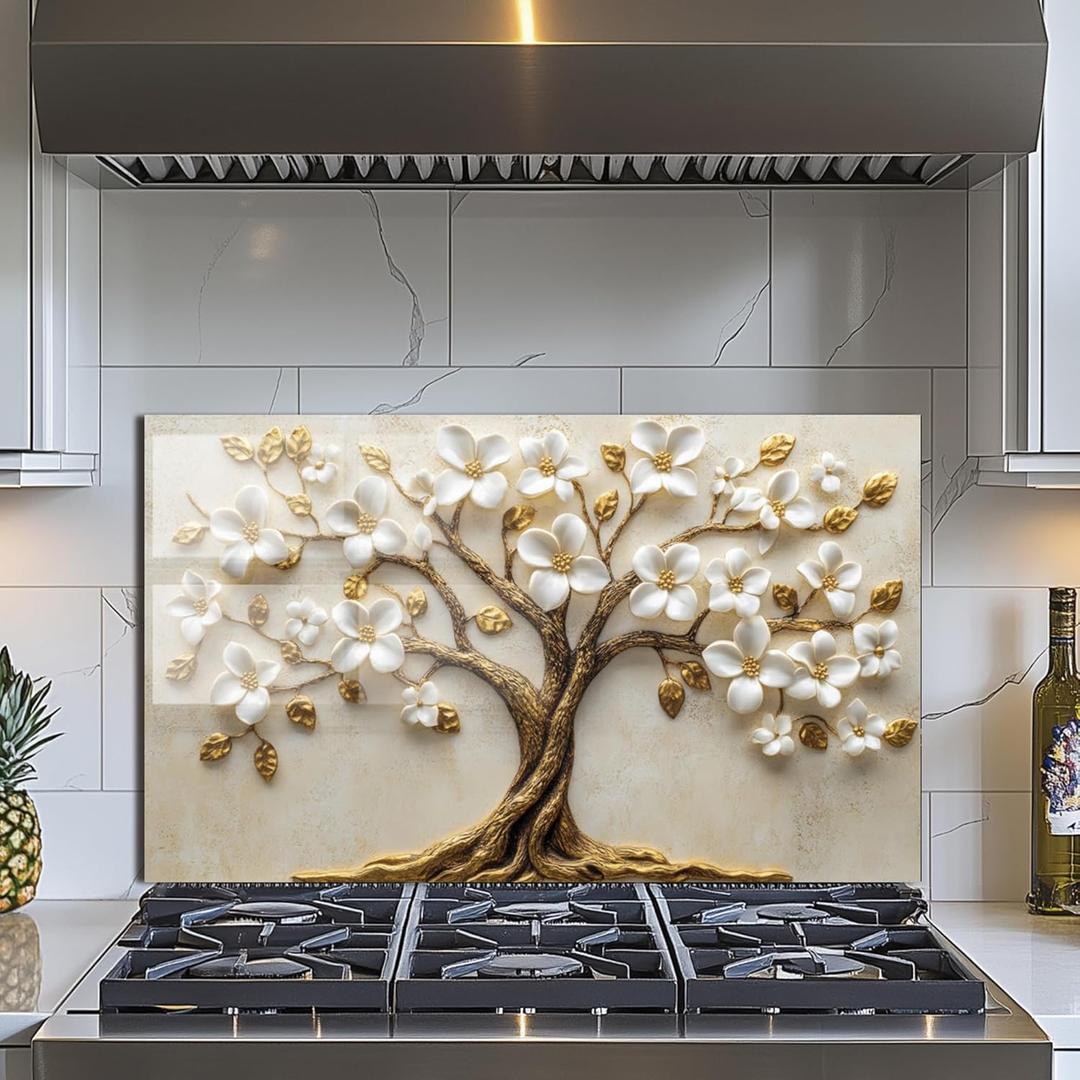 Evgosm Tempered Glass Backsplash for Kitchen Stove Splashback, Flowers Glass Backsplash, Used for Kitchen Wall Protection and Decoration, Easy to Install and Clean (30x18'')