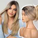 EMMOR Long Layered Wigs,Natural Central Lace Bob, Premium Heat-Resistant Synthetic Straight Wigs for Women Daily Use(Ombre Light Blonde with Brown Highlight)