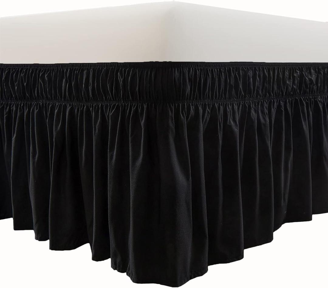 MEILA Wrap Around Bed Skirt Three Fabric Sides Elastic Dust Ruffled 18 Inch Tailored Drop,Easy to Install Fade Resistant-Black, Queen/King