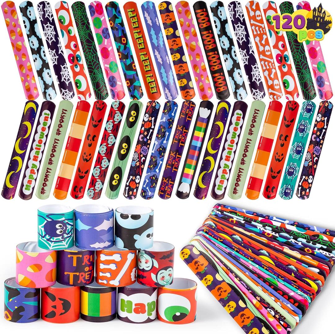JOYIN 120 PCS Halloween Slap Bracelets for Kids Gift, 24 Designs Halloween Bracelets Bulk for Goodie Bag Fillers, Friendship Bracelets for Halloween Party Favor Supplies