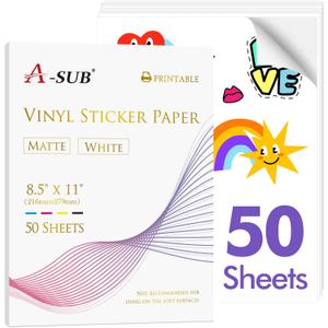 A-SUB Premium Printable Vinyl Sticker Paper for Inkjet Printers, 50 Sheets Matte White Waterproof Sticker Paper 8.5x11 Inch for Making Your Own Stickers at Home