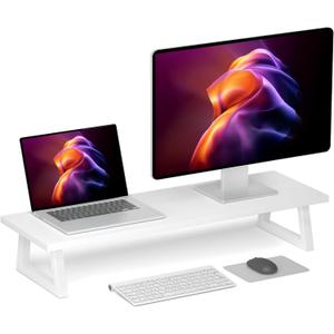 TEAMIX White Dual Monitor Riser - 31.5 inch Wide TV Stand for 2 Monitors - Wood & Steel Desktop Riser for Dual Screen Office Desk Organization