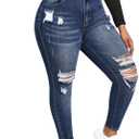 ALLABREVE Womens Plus Size Skinny Jeans Stretchy High Waisted Ankle Jean Ripped Slim Fit Washed Denim Distressed Tight Jean (X-Large, Dark Blue 052)