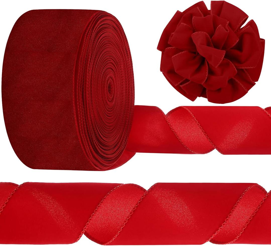 Syhood Christmas Wired Velvet Ribbon with Gold Edge Waterproof Velvet Decoration Ribbon Wrapping for Xmas Wreath Bows Floral Craft Ornaments(4 Inch X 60 Yard,Scarlet)
