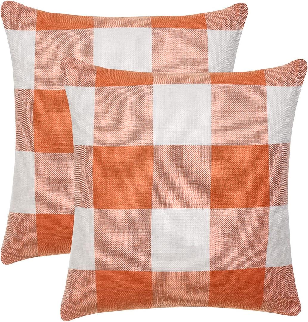 Tosewever Set of 2 Buffalo Check Plaid Fall Pillow Covers Farmhouse Rustic Pillow Cases, Cotton Linen Throw Pillow Covers Cushion Case for Home Decor Car Bed Sofa Couch (22" x 22", Orange & White)