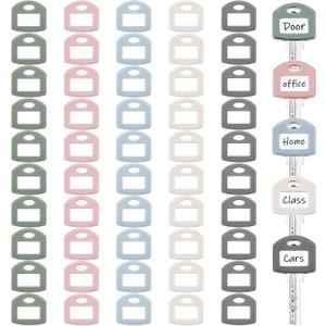 Blulu 50 Pieces Colored Key Tags with Labels 1 Inch Cute Silicone Key Covers Caps Tag with Self Adhesive Stickers for House Classification Organization(Morandi Color,Square)