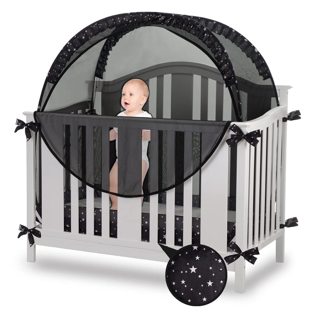 Safety Crib Tent to Keep Baby in Pop up Mosquito Net Netting Canopy Mesh Cover for Toddler - Black