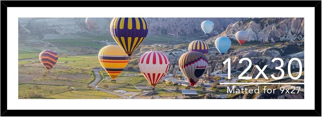 JCJMY 12x30 Picture Frame with 9x27 Mat, Display Photo 9x27 with Mat or 12 x 30 Without Mat, Wall Hanging Large 12 by 30 Poster Frame with Plexiglass, Black