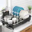 SNTD Dish Drying Rack, Expandable Dish Rack for Kitchen Counter, Stainless Steel Dish Drainer with Drainboard Set and Utensil Holder (Black)