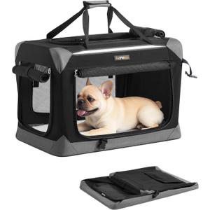 Feandrea Collapsible Dog Crate, Portable Oxford Fabric Pet Travel Crate with 4 Mesh Doors, Handles, Pocket, 24 Inches, for Small Dogs, Ink Black and Dove Gray UPDC026BH01