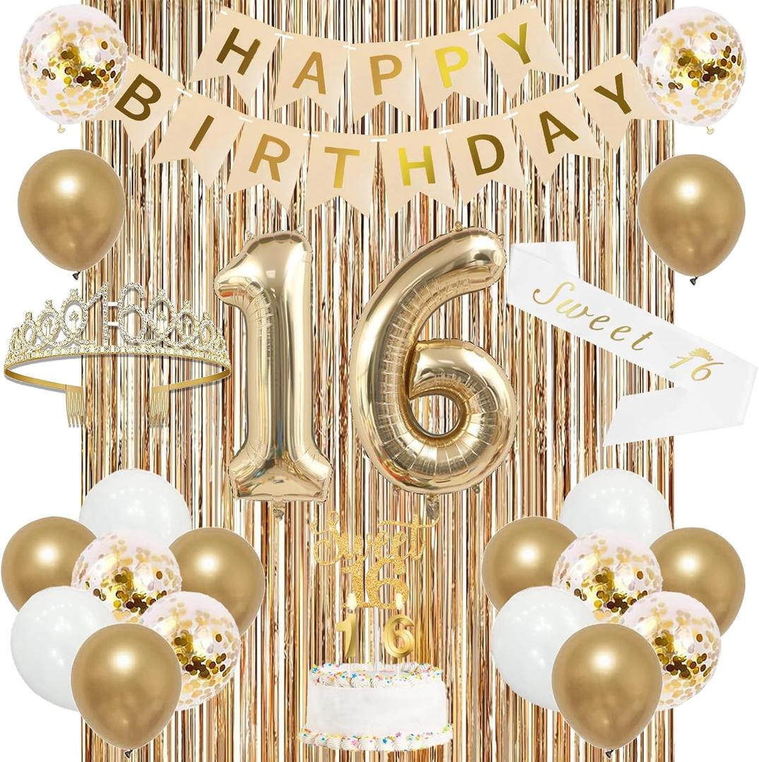 Trgowaul Sweet 16th Birthday Decorations for Girls, Banner, Sash and Crown, Cake Topper, 16 Number Balloon, Fringe Curtains, Champagne Gold 16th Birthday Party Supplies