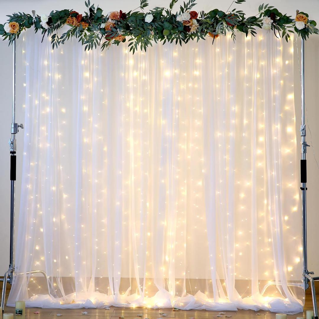 White Tulle Backdrop Curtain with Lights String for Parties, 108ft Sheer Backdrop Curtains White Curtain Backdrop for Wedding Baby Shower Birthday Party Photo Shoot Decorations (2 Panels 10ft8ft)