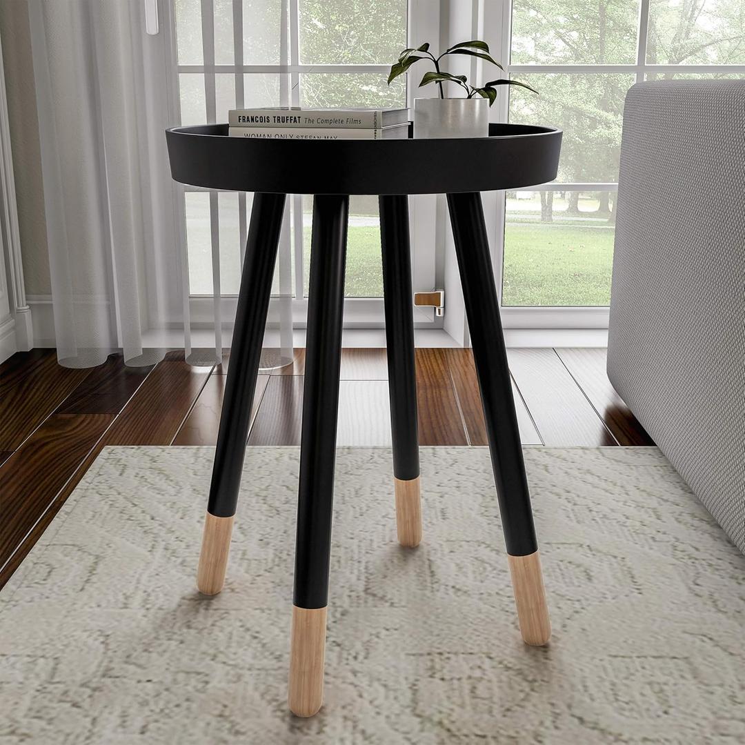 Lavish Home Round End Table  2-Tone Wooden Mid-Century Modern Stand with Tray Top to Hold Drinks or Display Dcor  Accent Table or Nightstand (Black)