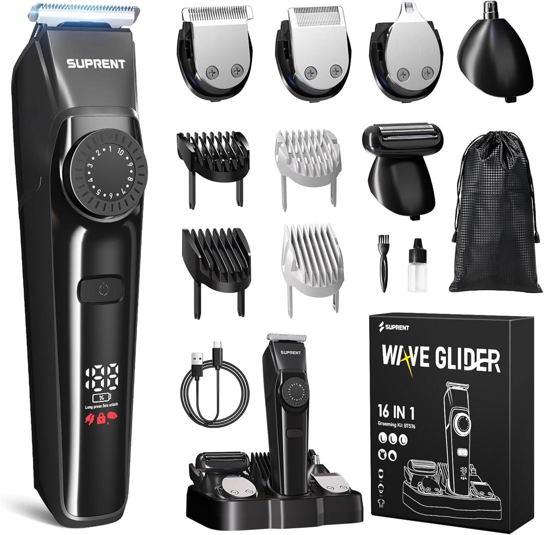 SUPRENT Beard Trimmers for Men - All-in-One Mens Grooming Kits with 40 Precision DialsWaterproof Adjustable Trimmers for Hair, Beard, Face, Nose & Body, USB-C Rechargeable, 3.5H Running Time (Black)