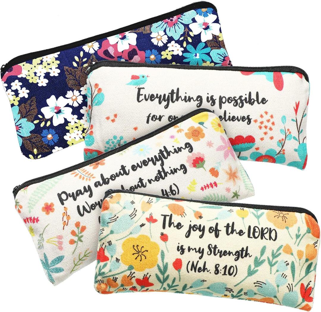 Outus 4 Pieces Inspirational Bible Verse Pencil Pouch Christian Pencil Case Scripture Makeup Bags Canvas Cosmetic Bags for Students Office Journaling Supplies (Bible Verse Pattern,7.8 x 3.8 Inch)
