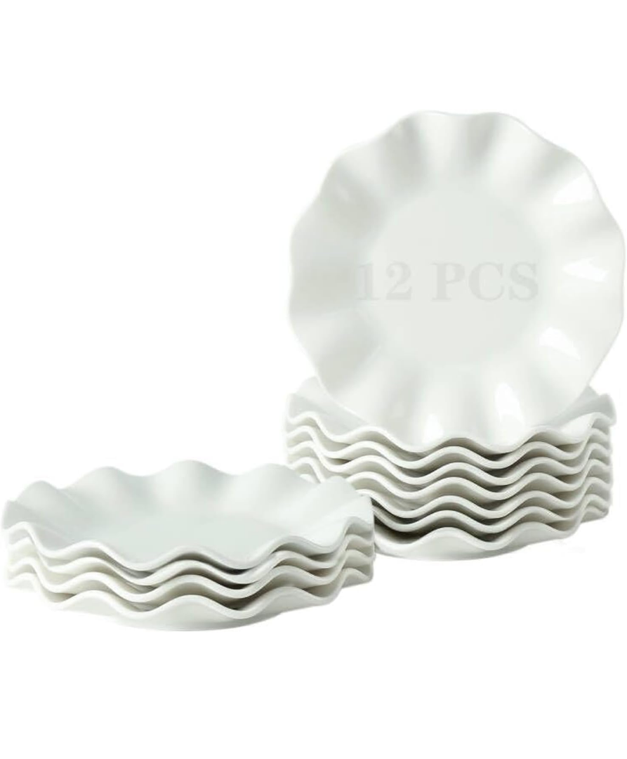 7 Inch Porcelain Small Dinner Plates, Set of 24, White Appetizer Plates, Wave Rim Dessert Salad Plate, Serving Dishes for Cake, Snack, Ice Cream, Waffles, Microwave, Oven, Dishwasher Safe