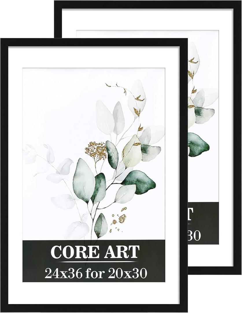 CORE ART 24x36 Poster Frame, Black 24x36 Frame, Display Pictures 20 x 30 with Mat or 24 x 36 Without Mat - Horizontal and Vertical Wall Mounting, Pack of 2