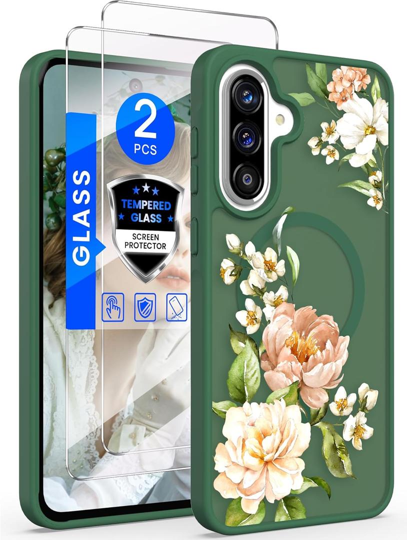 for Samsung Galaxy A36 5G Floral Phone Case with 2X Screen Protector, Military Grade Magnetic Translucent Matte Girls Women Flower Pattern Protective Cover for A36 5G (Green)