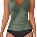 B2prity Women's Ruched Tankini Suimsuits V Neck Wrap Tie Back Two Pieces Bathing Suit Tummy Control Swimwear Army Green, Black, S