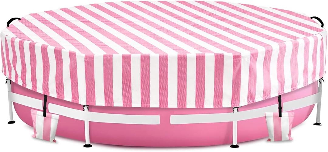 Solar Stock Tank Pool Cover, Waterproof Cover for 8 Feet by 30 Inches Large Round Metal Frame Above Ground Swimming Pool,with Tie-Down Ropes & 4 Sandbags,Increase Stability(Cover only,Pink), 8' Dia x 24" H