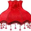 BESTOYARD Vintage European Embroidery Lace Lampshade Replacements with Crystal Pendant Beads Cloth Dome Shaped Fancy Bedside Lamp Shade for Marriage Room Bedroom Living Red
