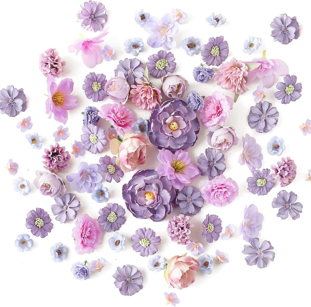 Floroom Mini Artificial Flower Heads Lavender & Purple Fake Peony Daisy Rose Multicolor Small Faux Silk Flower Heads for Cake Craft Garland Wedding Party Graduation Cap DIY Home Decoration, 0.8"-3.6" (Elysian Lavender & Violet)