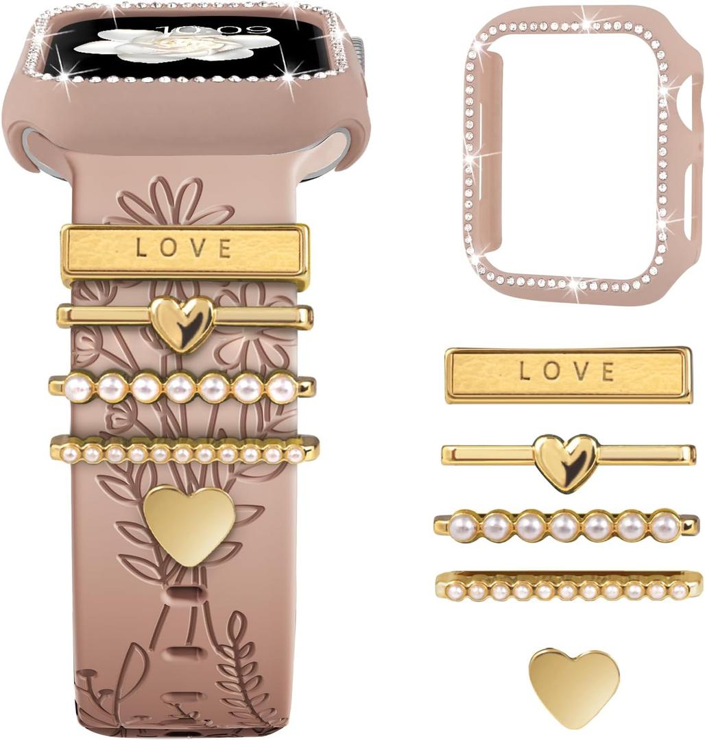 Engraved Band + Charms + Case for Apple Watch Band 38mm 40mm 41mm 42mm 44mm 45mm Women, Soft Silicone Flower Sport Straps with Protective Glitter Bumper for iWatch Series 9 8 7 6 5 4 3 2 1 SE (Milk Tea+ Gold Love)